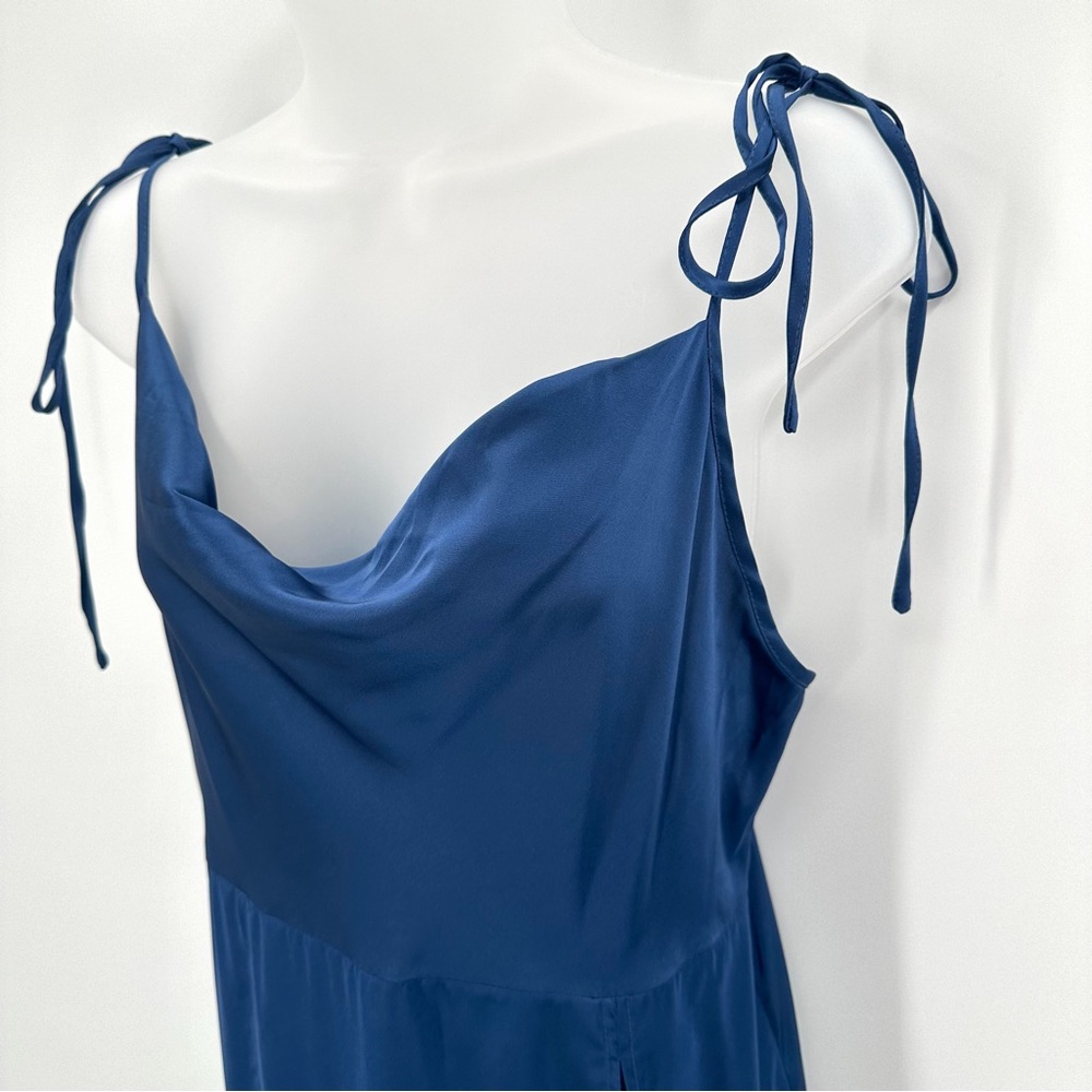 Cider Dress Womens L Blue Satin Slip Dress Cowl Neck Elegant Lace Slit Strappy - Picture 2 of 10